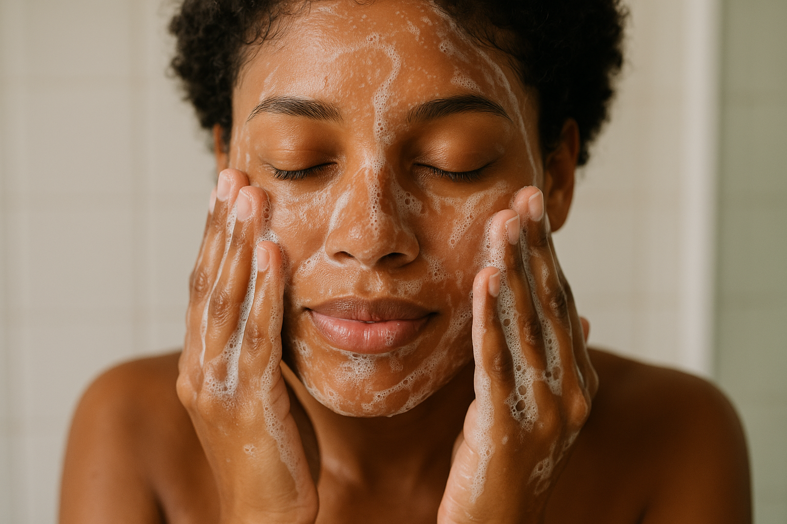 brown skin with hands to face washing face with soap